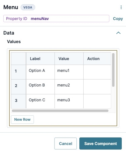 A static image displaying the Menu component's Data Values table. The first three rows are filled out with Options.