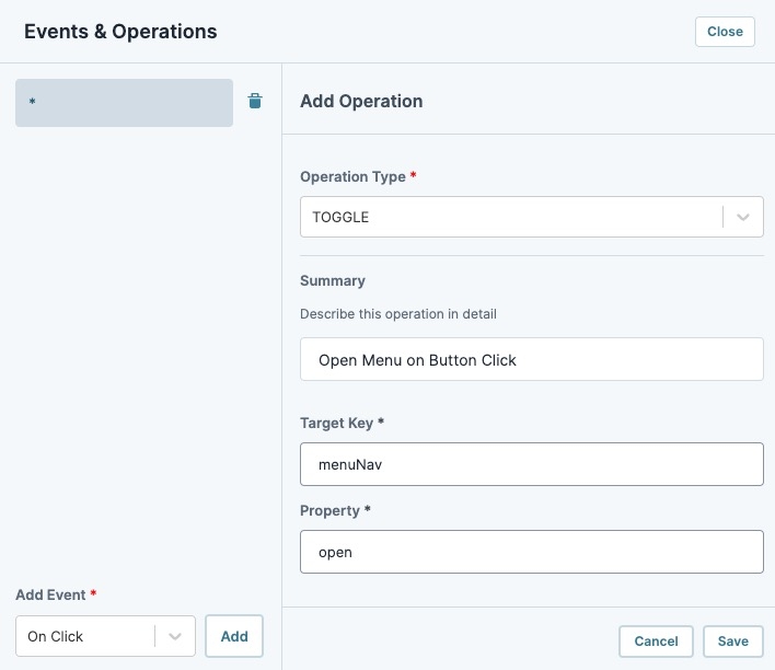 A static image displaying the Button component's Operation builder. the Operation type is set to Toggle, and the fields are filled out.