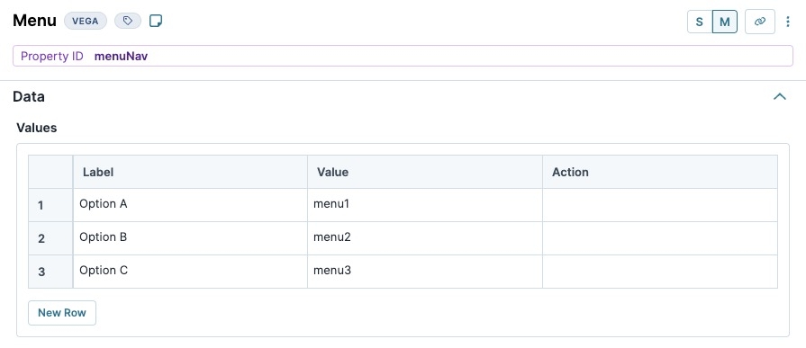 A static image displaying the Menu component's Data Values table. The first three rows are filled out with Options.