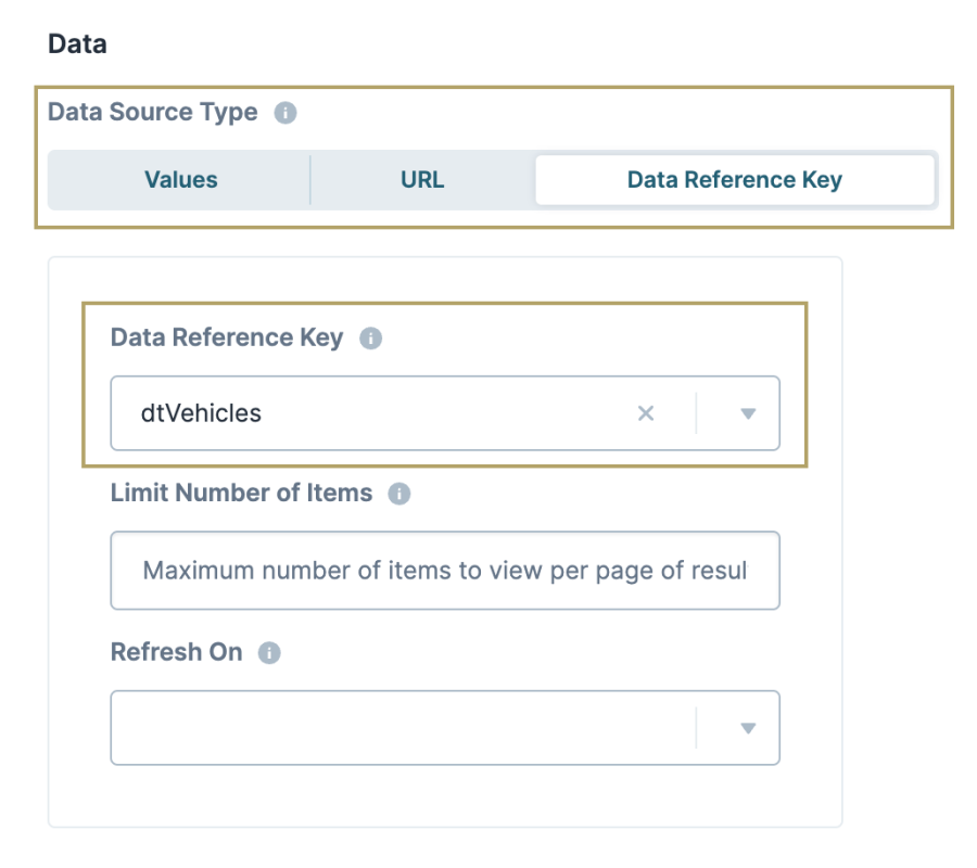A static image displaying the Multi-Select Dropdown component's Data configuration settings. The Data Source Type is set to Data Reference Key and the Data Reference Key dropdown is set to dtVehicles.