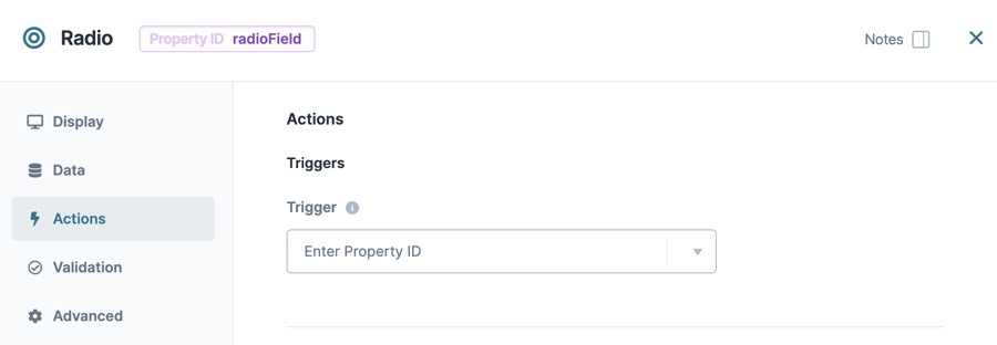 A static image dispaying the Radio Buttons component's Actions settings.