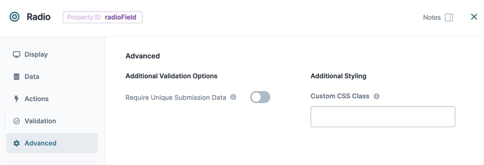 A static image dispaying the Radio Buttons component's Advanced settings.
