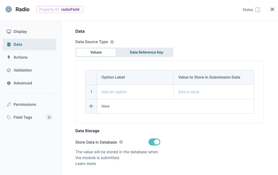 A static image dispaying the Radio Buttons component's Data settings.