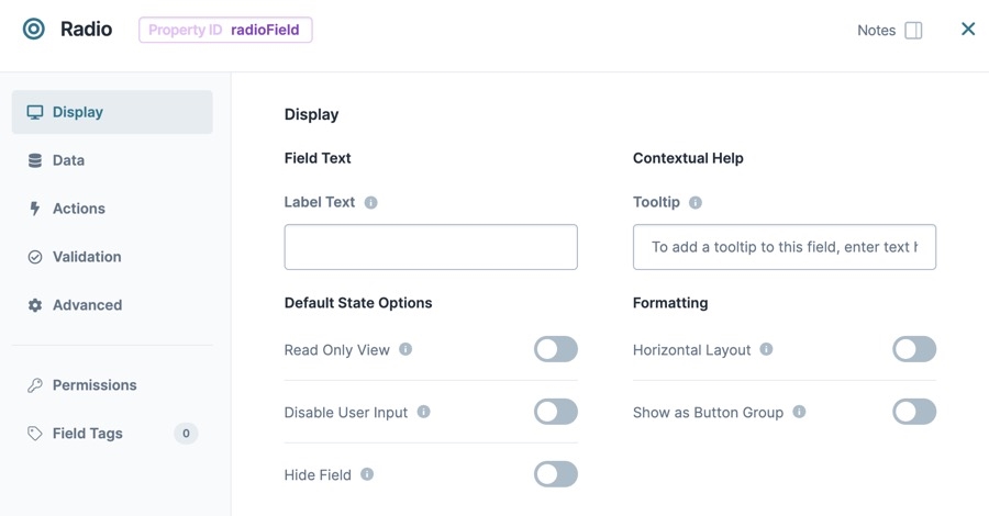 A static image dispaying the Radio Buttons component's Display settings.