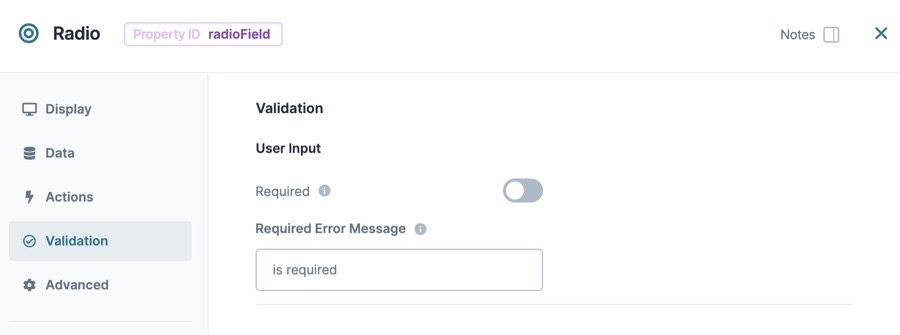 A static image dispaying the Radio Buttons component's Validation settings.