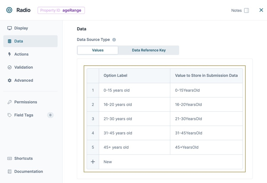 A static image displaying the Radio Buttons component's data settings. The Values table is filled out with age ranges and their corresponding values.
