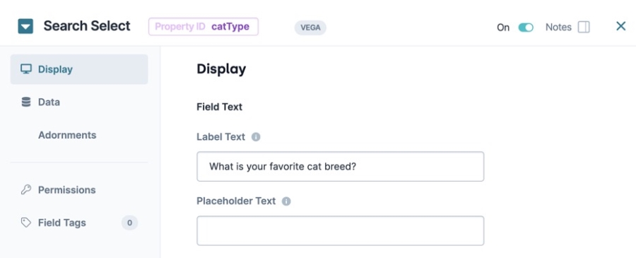 A static image displaying the Search Select component's Display settings, the Label text is filled out with the following text: "What is your Favorite Cat Breed?"