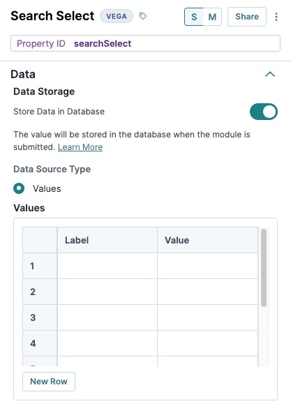 A static image displaying the Search Select component's Data settings.