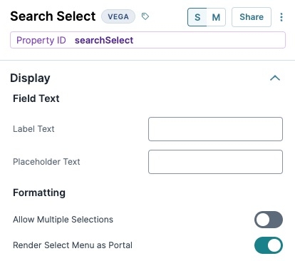 A static image displaying the Search Select component's Display settings.