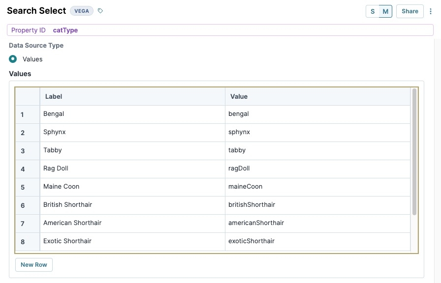 A static image displaying the catType Search Select component's data settings. The Data Values data is filled out.