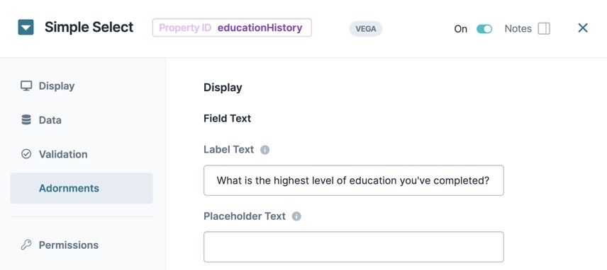 A static image displaying the Simple Select component's Display settings, the Label text is filled out with the following test: "What is the highest level of education you've completed?"