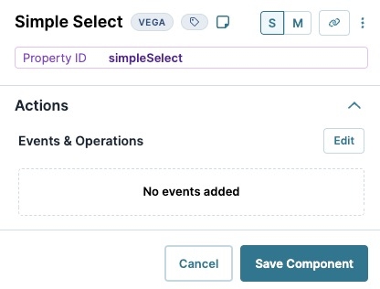 A static image displaying the Simple Select component's Actions settings.