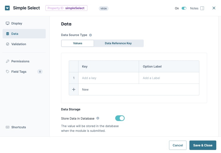 A static image displaying the Simple Select component's Data settings.