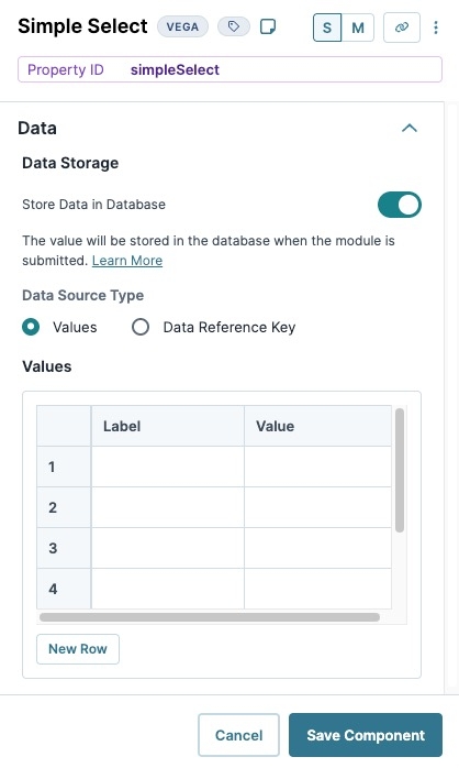 A static image displaying the Simple Select component's Data settings.