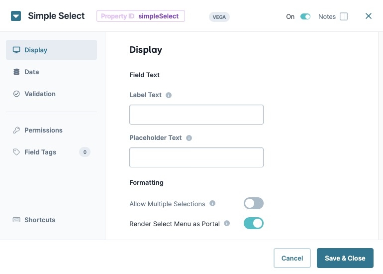 A static image displaying the Simple Select component's Display settings.