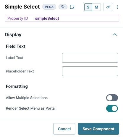 A static image displaying the Simple Select component's Display settings.