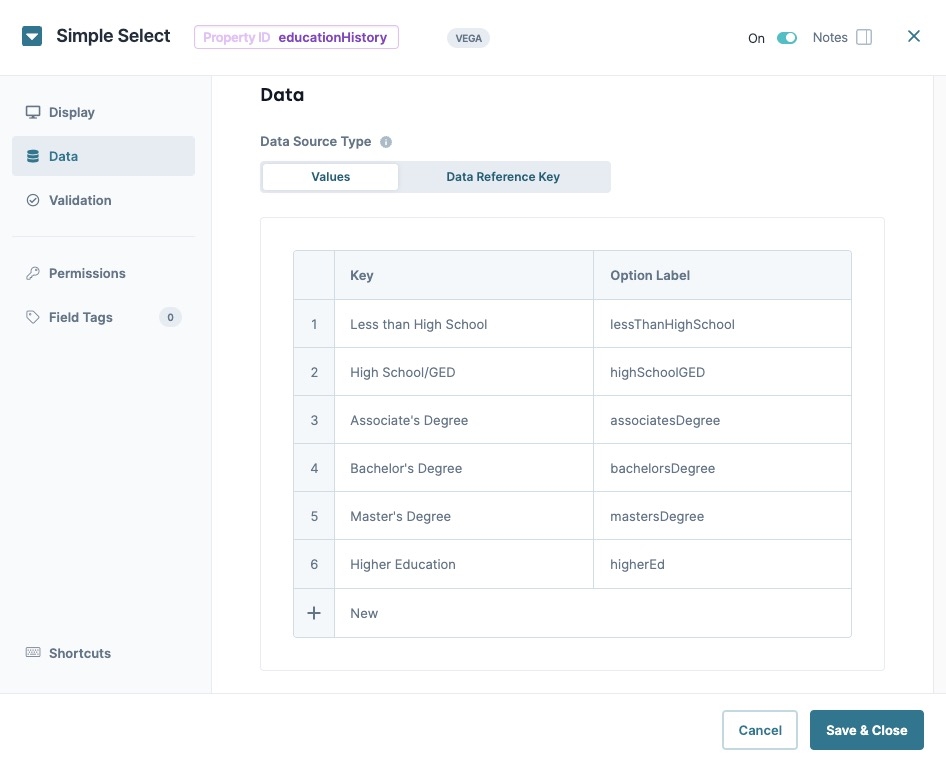A static image displaying the educationHistory Simple Select component's data settings. The Data Values data is filled out.