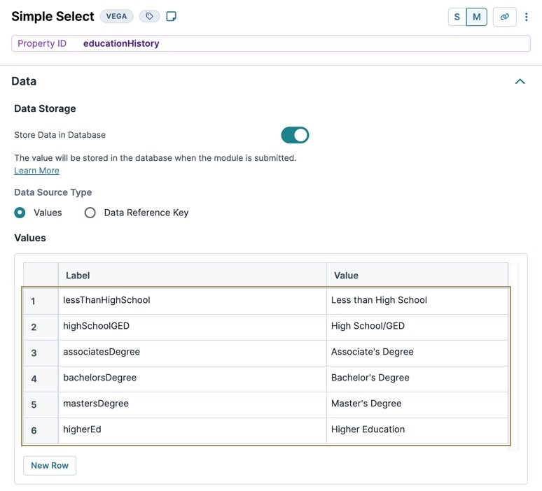 A static image displaying the educationHistory Simple Select component's data settings. The Data Values data is filled out.