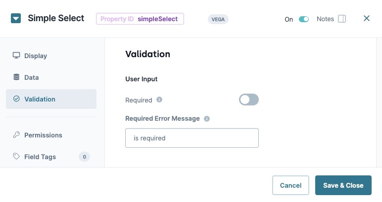 A static image displaying the Simple Select component's Validation settings.