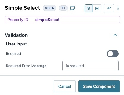 A static image displaying the Simple Select component's Validation settings.