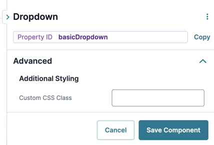 A static image displaying the Udesigner Dropdown component's Advanced settings.