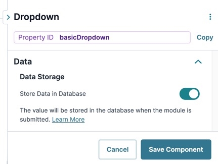 A static image displaying the Udesigner Dropdown component's Data Storage setting.
