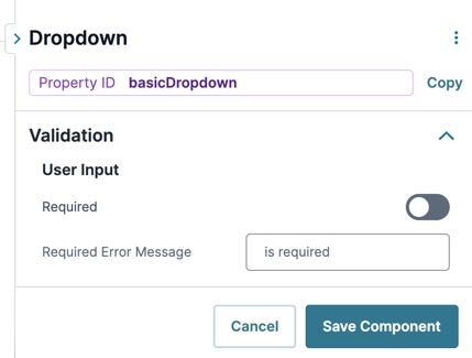 A static image displaying the Udesigner Dropdown component's Validation settings.