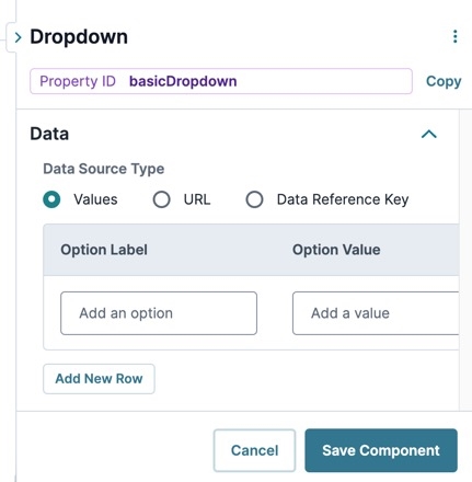 A static image displaying the Udesigner Dropdown component's Values Data Source Type.