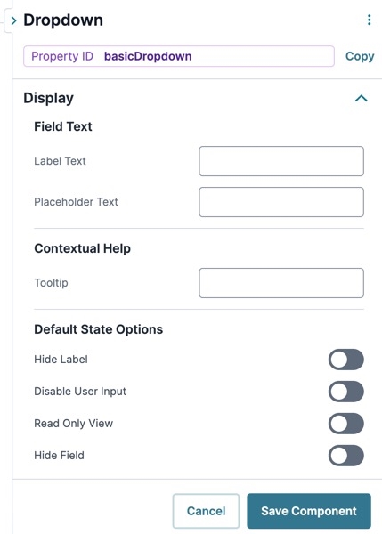 A static image displaying the UDesigner Dropdown component's Display settings.
