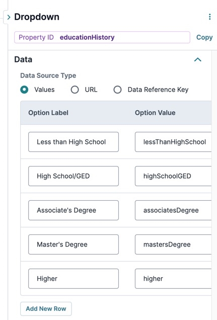 A static image displaying the educationHistory Dropdown component's data settings. The Data Values data is filled out.