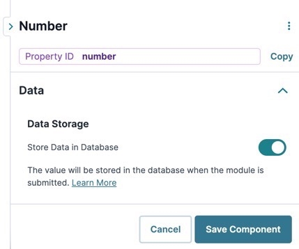 A static image displaying the UDesigner Number Component's Data Storage setting.