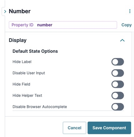 A static image displaying the UDesigner's Number Component Default State Options settings