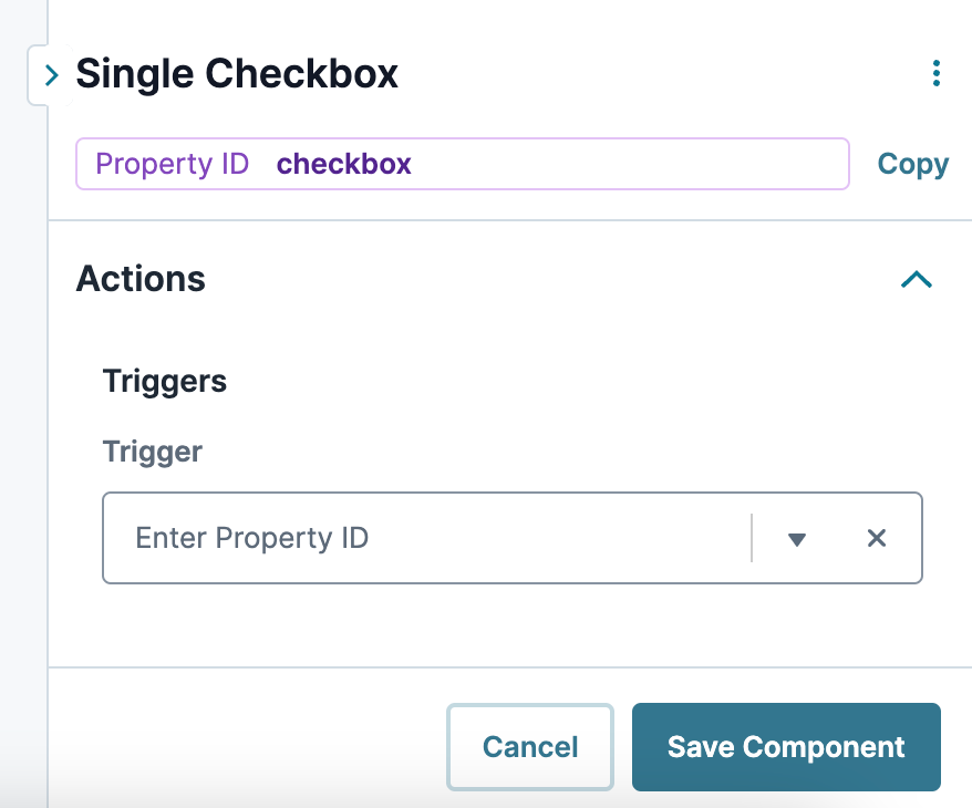 A static image displaying the UDesigner Single Checkbox component's Triggers settings.