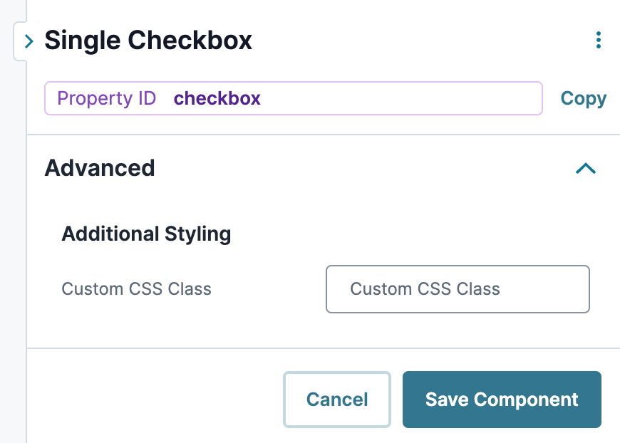 A static image displaying the UDesigner Single Checkbox component's Additional Styling settings.