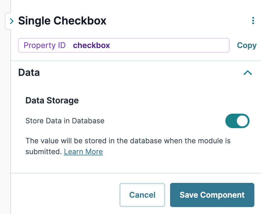 A static image dispaying the Single Checkbox component's UDesigner Data settings.
