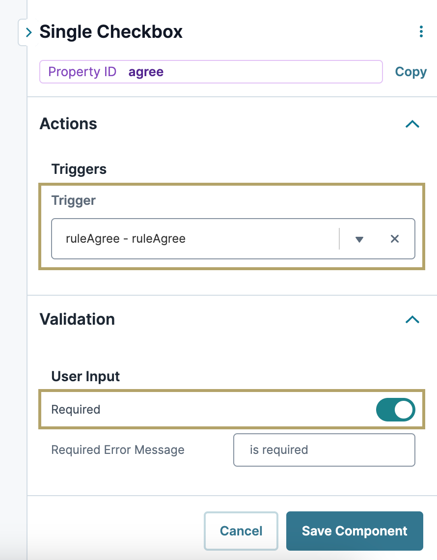A static image displaying the Single Checkbox component use case Single Checkbox trigger configuration. 
