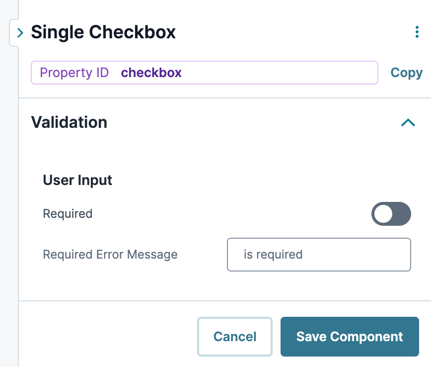 A static image displaying the UDesigner Single Checkbox component's User Input settings.