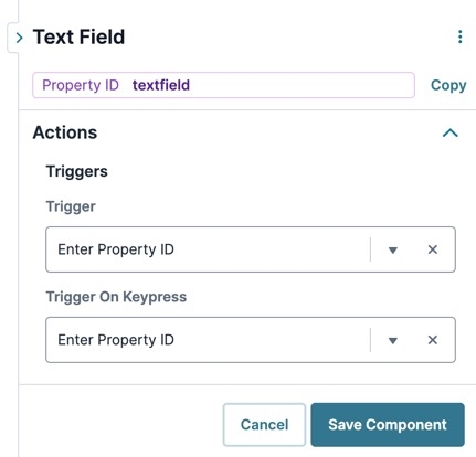 A static image displaying the UDesigner Text Field component's Triggers settings.