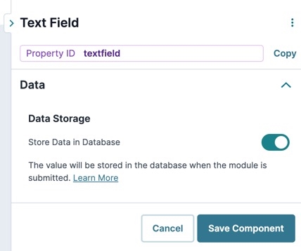 A static image dispaying the Text Field component's UDesigner Data settings.
