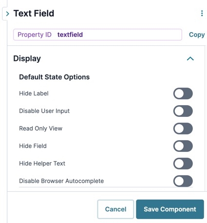 A static image displaying the UDesigner Textfield component's Default State settings.