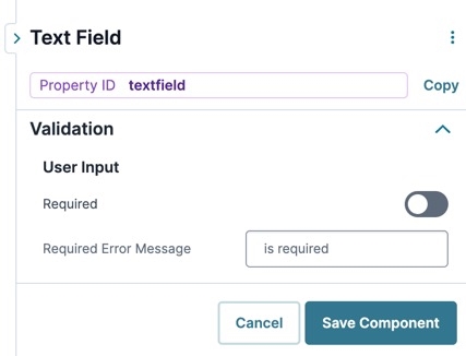 A static image displaying the UDesigner Text Field component's User Input settings.
