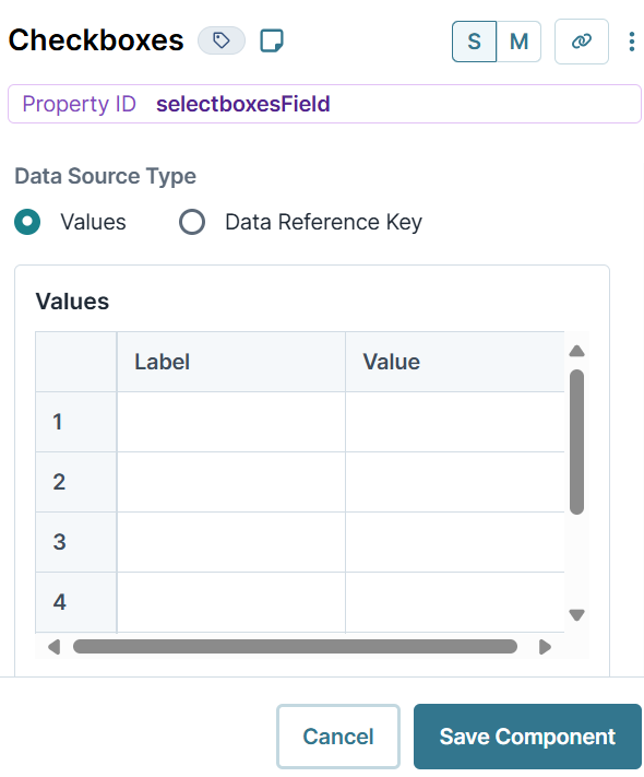 A static image displaying the Checkboxes' Data Source-Value settings.