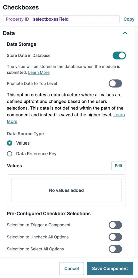 A static image displaying the Checkboxes' Data settings.