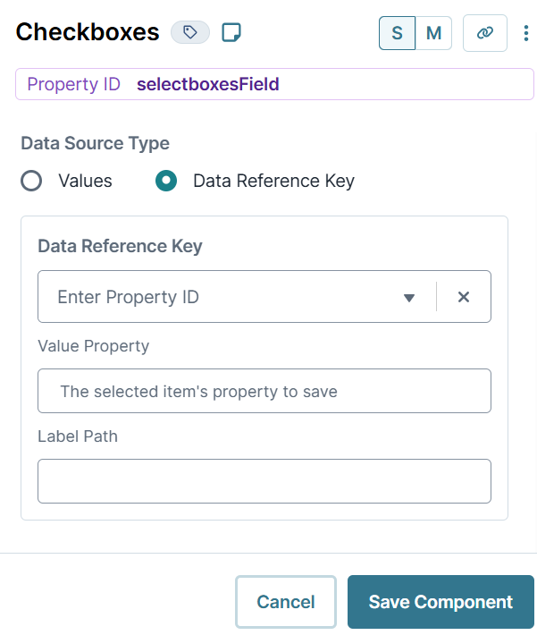 A static image displaying the Checkboxes' Data Source- Data reference key settings.