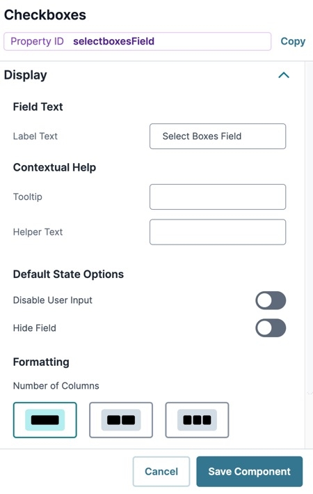 A static image displaying the Chekcboxes' Display settings.