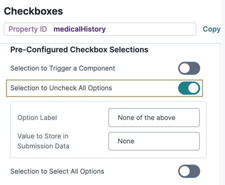 A static image displaying the Checkboxes' Pre-Configured Checkbox Selections settings.