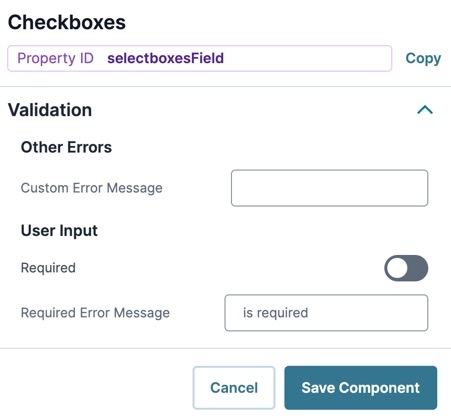 A static image displaying the Checkboxes' Validation settings.