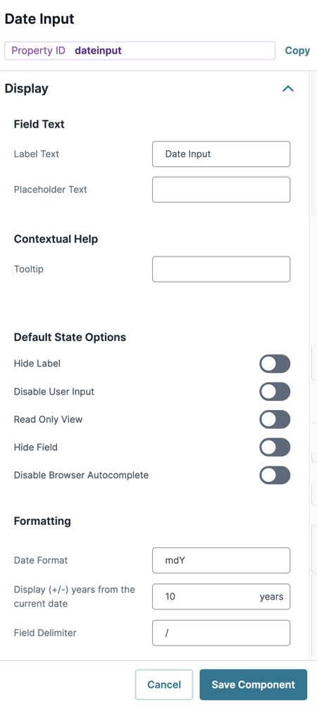 A static image dispaying the Date Input component's Display settings.