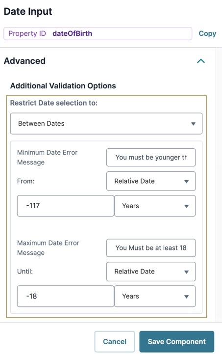 A static image displaying the Date Input components configuration window. The "Restrict Date Selection" To setting is highlighted and filled out.