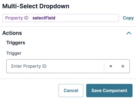 A static image displaying the Mutli-Select Dropdown component's Actions settings.